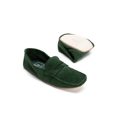 Rodrigo Suede Green | Slippers UK | La Portegna UK | Handmade Leather Goods | Vegetable Tanned Leather